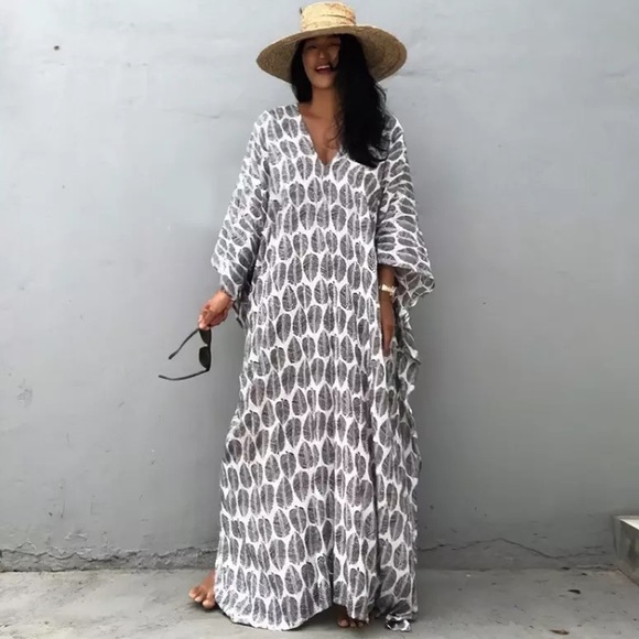 Lena Vie Boutique Other - Grays Feather Foil Leaf Bohemian Gypsy Kaftan With Side Slit, Leaf Print